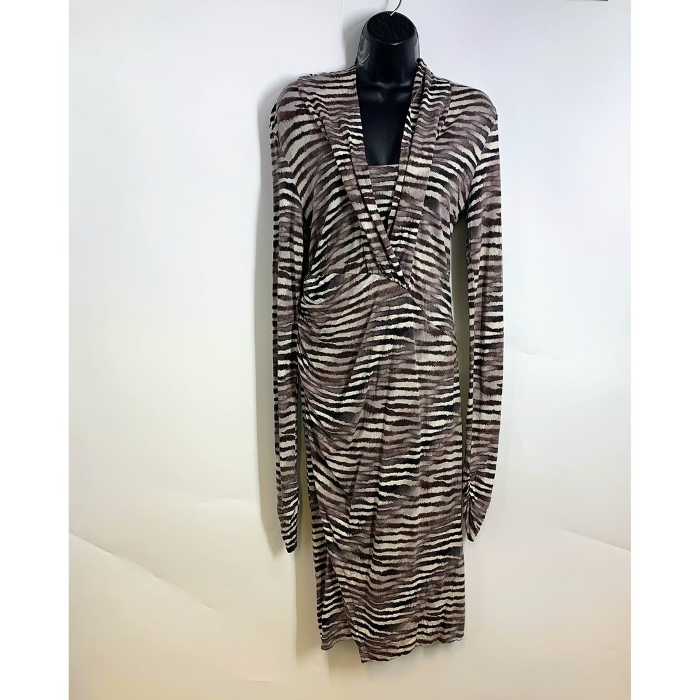 Tommy Bahama Zebra Print Draped Neck Long Sleeve Ruched Midi‎ Dress Women's SZ S